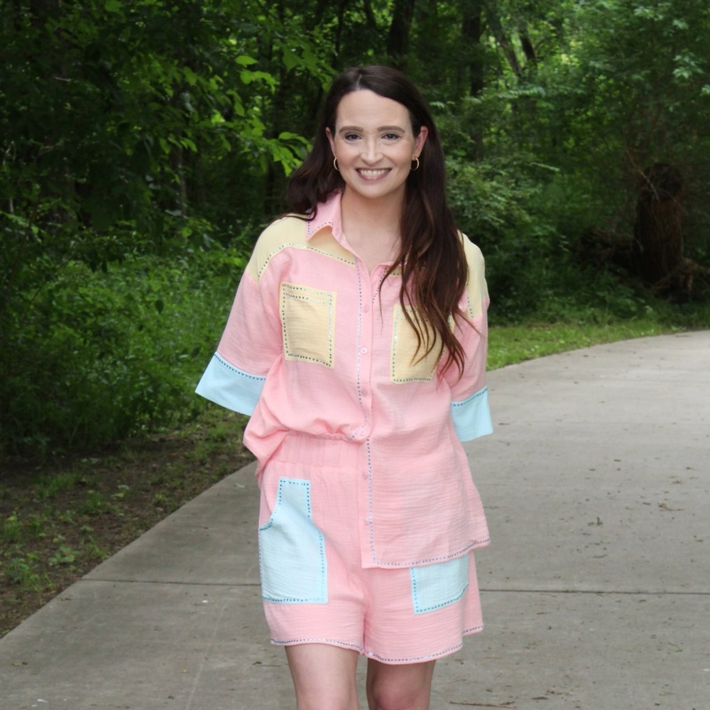 Cotton Gauze Rhinestone Shirt & Short Set